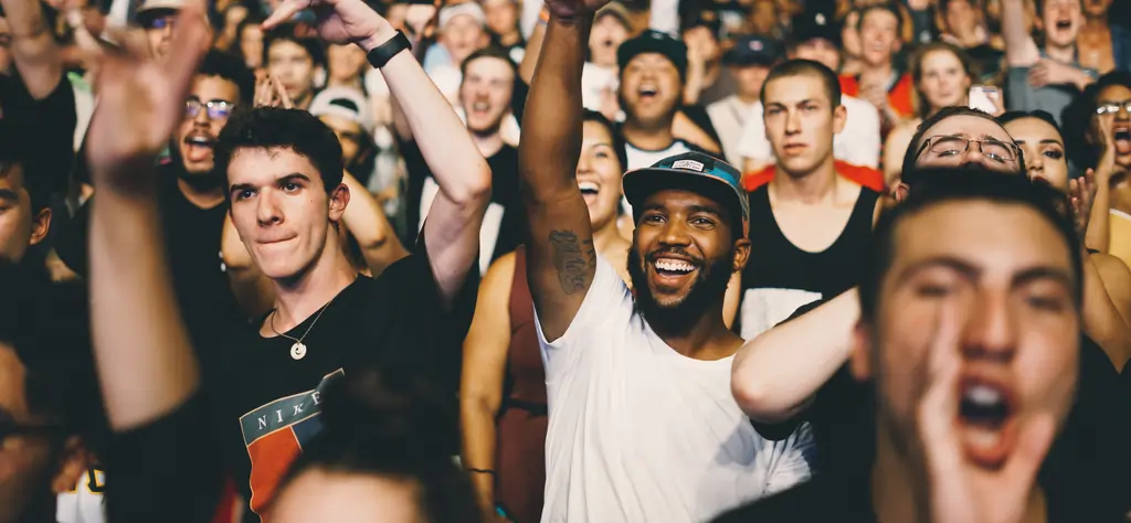 foule avec des personnes qui lèvent les bras